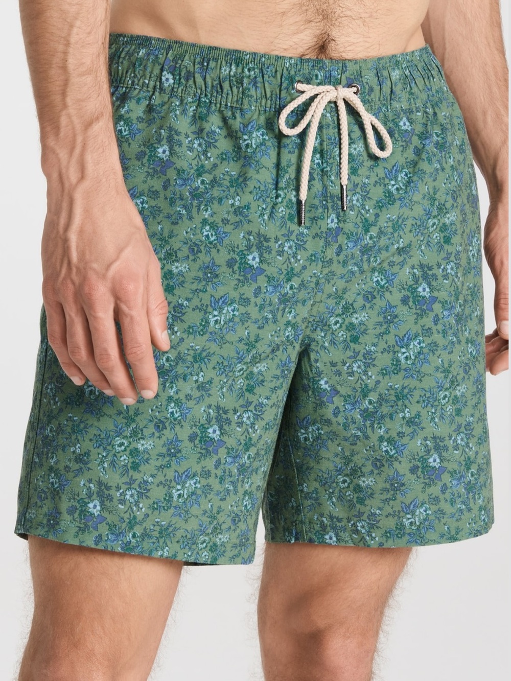 Fair Harbor Green Floral Print Swim Trunks with Blue Accents